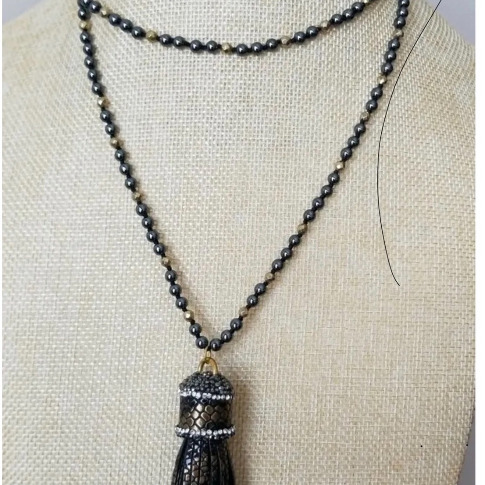 Hematite Stone Beaded Necklace With Leather Pendant 34" 4" pendant Rhinestones